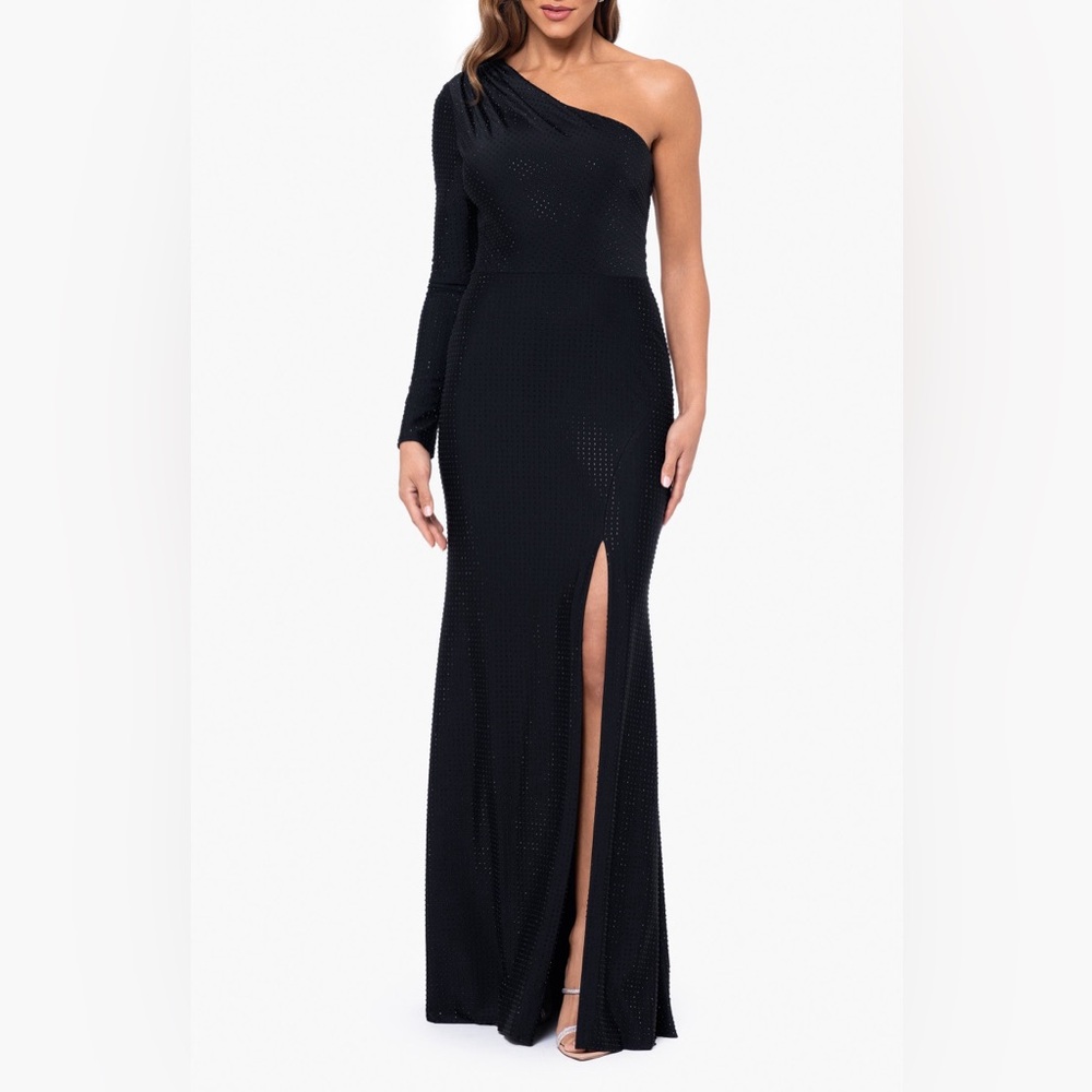 Xscape Black Dress One Shoulder Evening Gown Sexy Slit Formal Bodycon Maxi 14